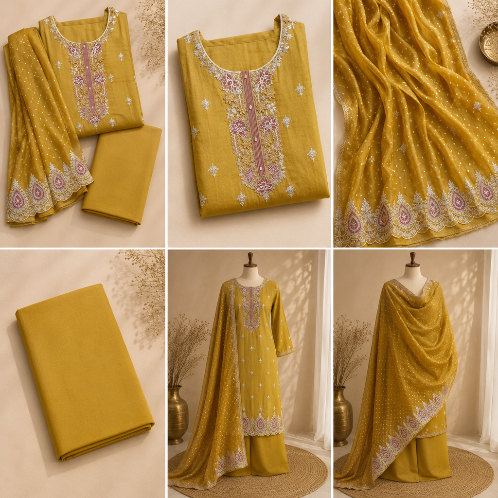 Mustard Dola Silk Heavy Embroidered Unstitched Suit Fabric Set With Organza Dupatta & Shantoon Bottom
