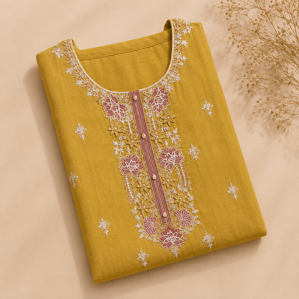 Mustard Dola Silk Heavy Embroidered Unstitched Suit Fabric Set With Organza Dupatta & Shantoon Bottom