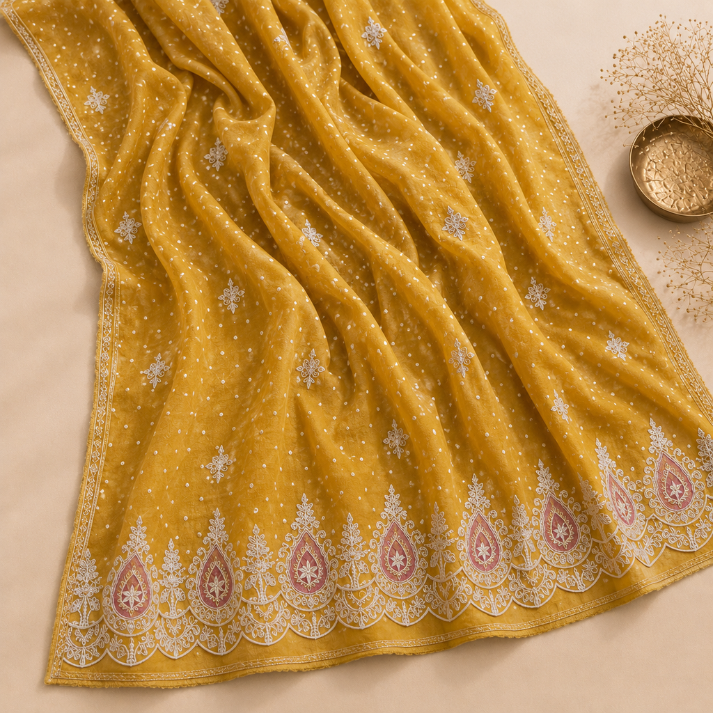 Mustard Dola Silk Heavy Embroidered Unstitched Suit Fabric Set With Organza Dupatta & Shantoon Bottom