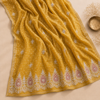 Mustard Dola Silk Heavy Embroidered Unstitched Suit Fabric Set With Organza Dupatta & Shantoon Bottom