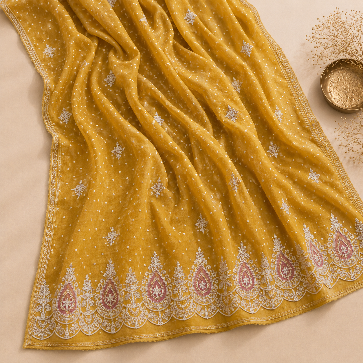 Mustard Dola Silk Heavy Embroidered Unstitched Suit Fabric Set With Organza Dupatta & Shantoon Bottom