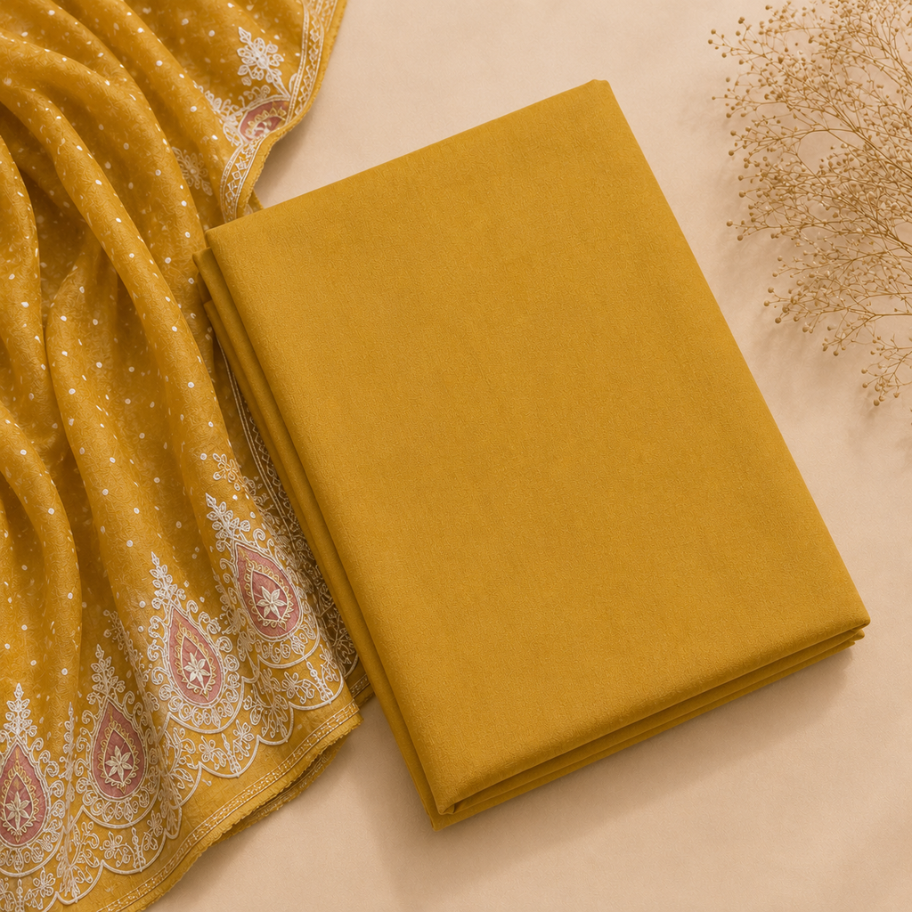 Mustard Dola Silk Heavy Embroidered Unstitched Suit Fabric Set With Organza Dupatta & Shantoon Bottom