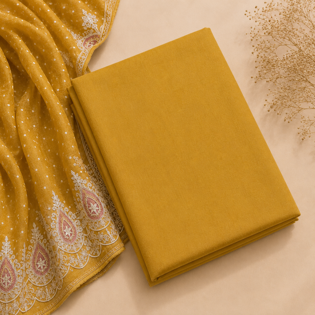 Mustard Dola Silk Heavy Embroidered Unstitched Suit Fabric Set With Organza Dupatta & Shantoon Bottom