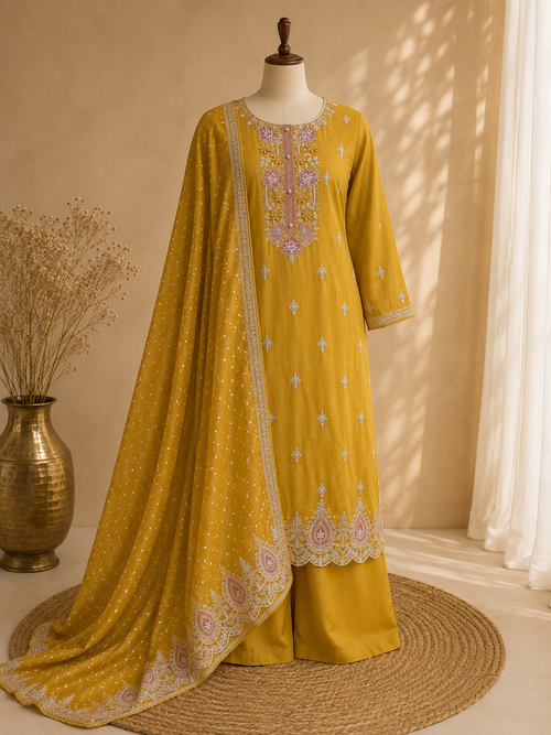 Mustard Dola Silk Heavy Embroidered Unstitched Suit Fabric Set With Organza Dupatta & Shantoon Bottom