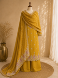 Mustard Dola Silk Heavy Embroidered Unstitched Suit Fabric Set With Organza Dupatta & Shantoon Bottom