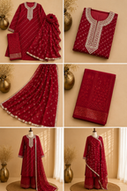 Maroon Bandhani Heavy Embroidered Unstitched Suit Fabric Set With Heavy Organza Dupatta & Bottom