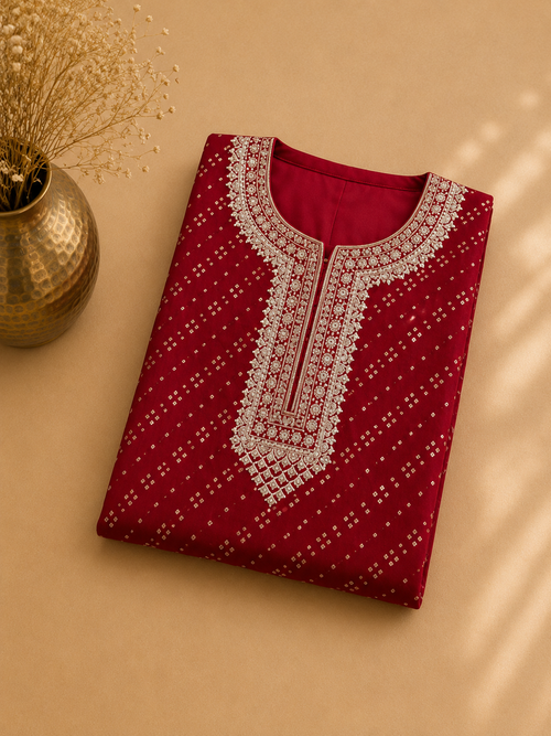 Maroon Bandhani Heavy Embroidered Unstitched Suit Fabric Set With Heavy Organza Dupatta & Bottom
