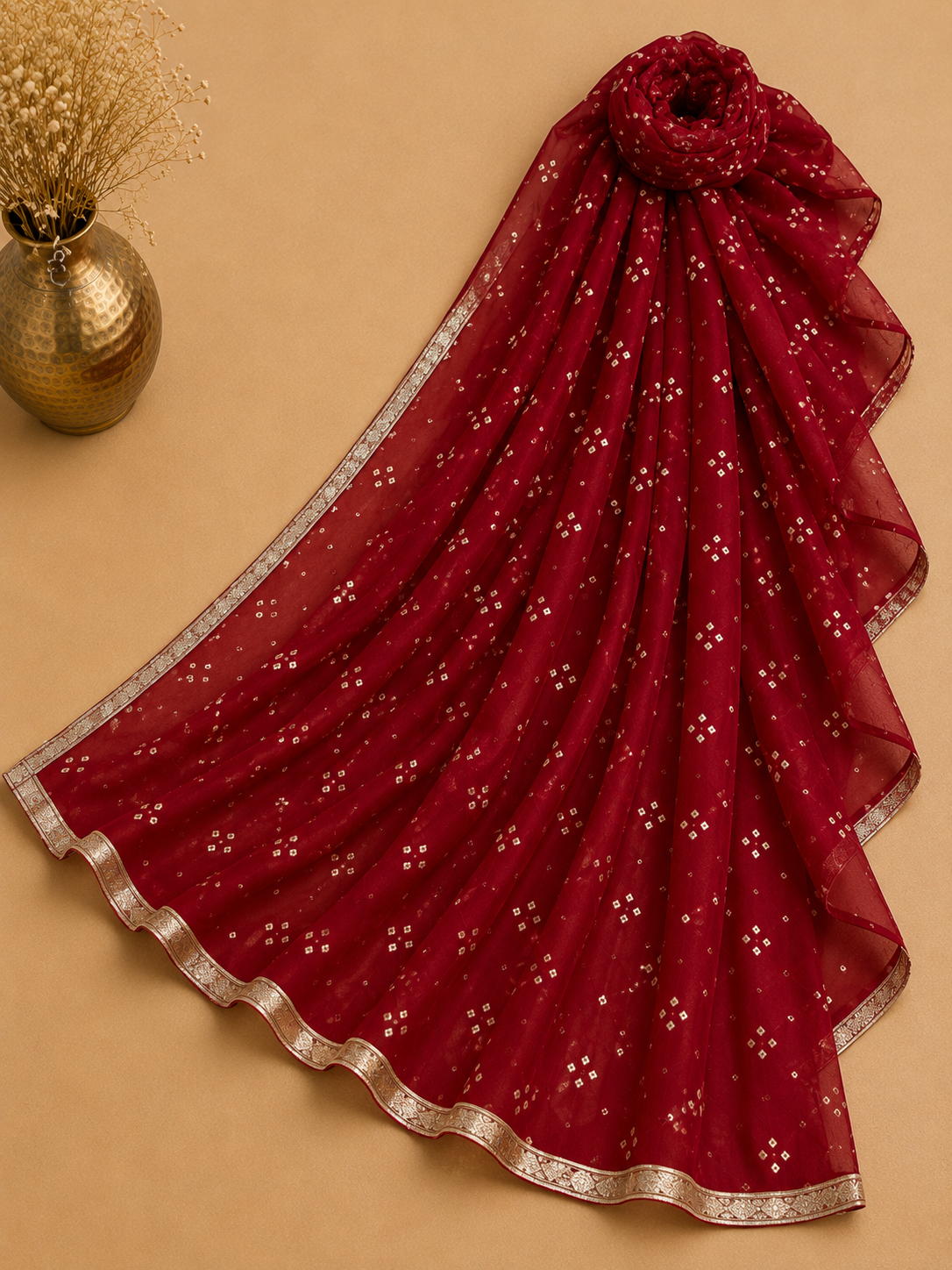Maroon Bandhani Heavy Embroidered Unstitched Suit Fabric Set With Heavy Organza Dupatta & Bottom