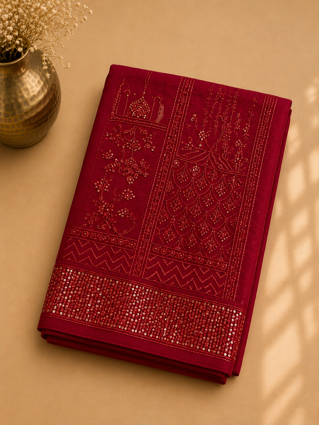 Maroon Bandhani Heavy Embroidered Unstitched Suit Fabric Set With Heavy Organza Dupatta & Bottom