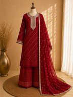 Maroon Bandhani Heavy Embroidered Unstitched Suit Fabric Set With Heavy Organza Dupatta & Bottom