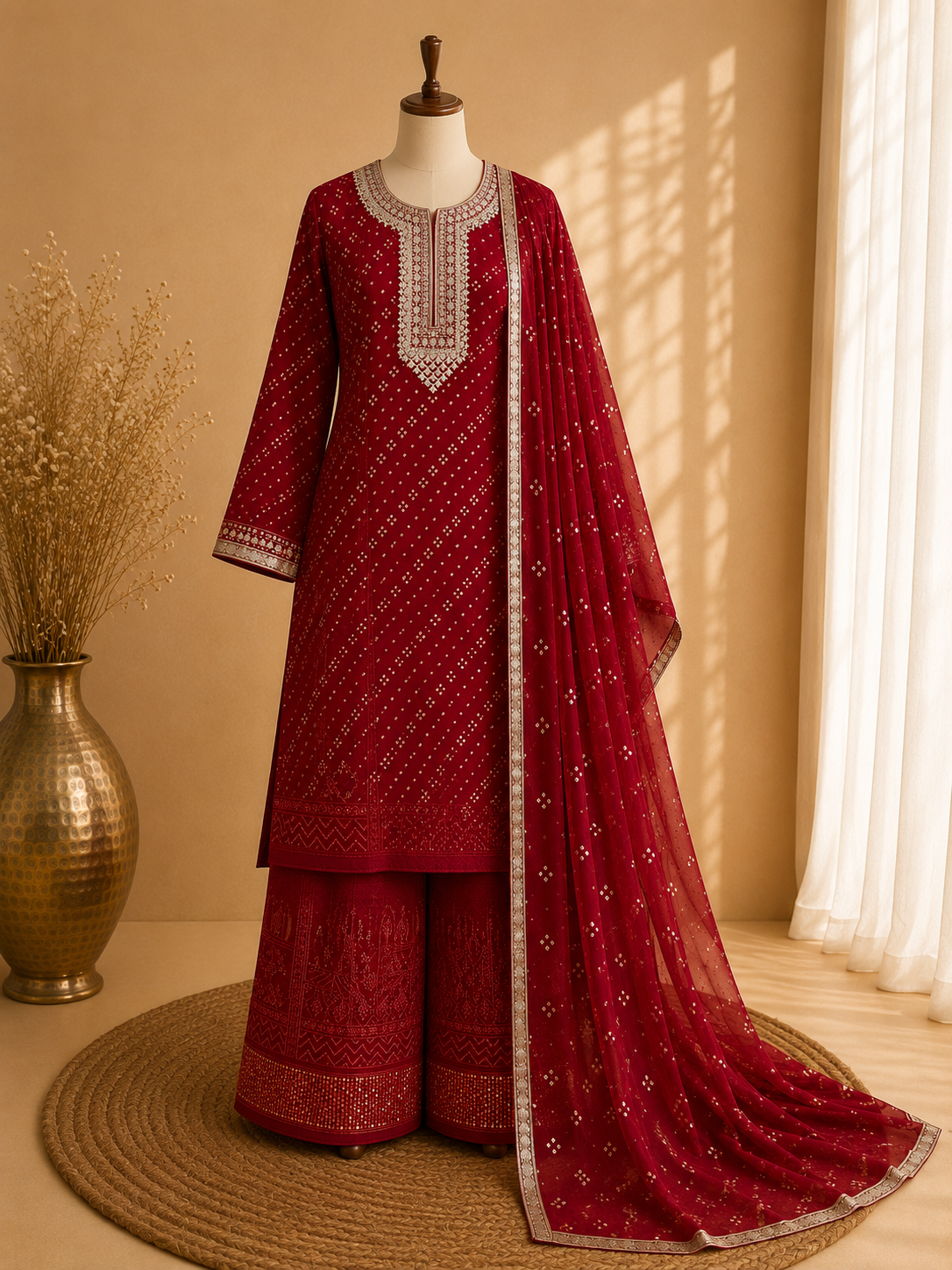 Maroon Bandhani Heavy Embroidered Unstitched Suit Fabric Set With Heavy Organza Dupatta & Bottom