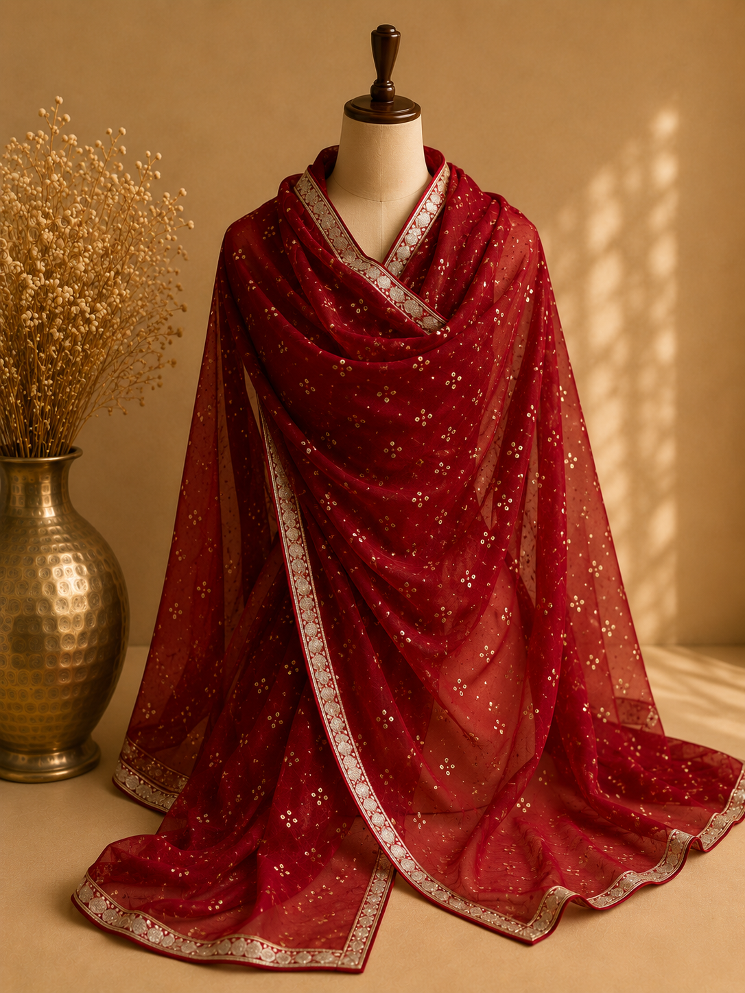 Maroon Bandhani Heavy Embroidered Unstitched Suit Fabric Set With Heavy Organza Dupatta & Bottom