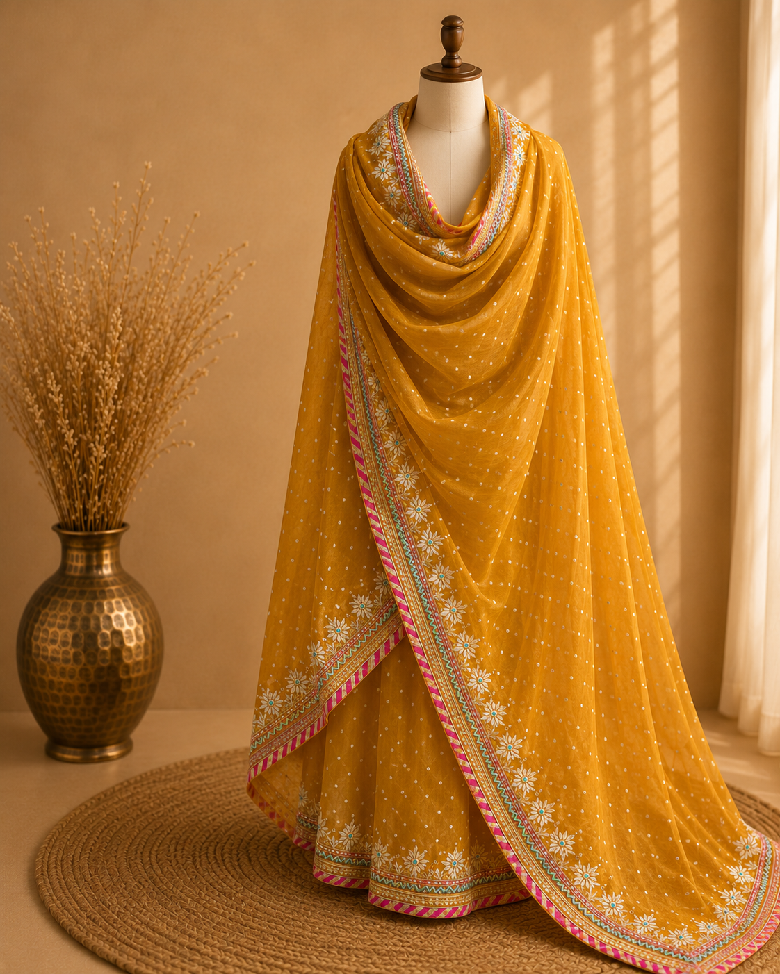 Mustard Banarasi Tissue Georgette Heavy Embroidered Unstitched Suit Fabric Set With Heavy Banarasi Tissue Georgette Dupatta
