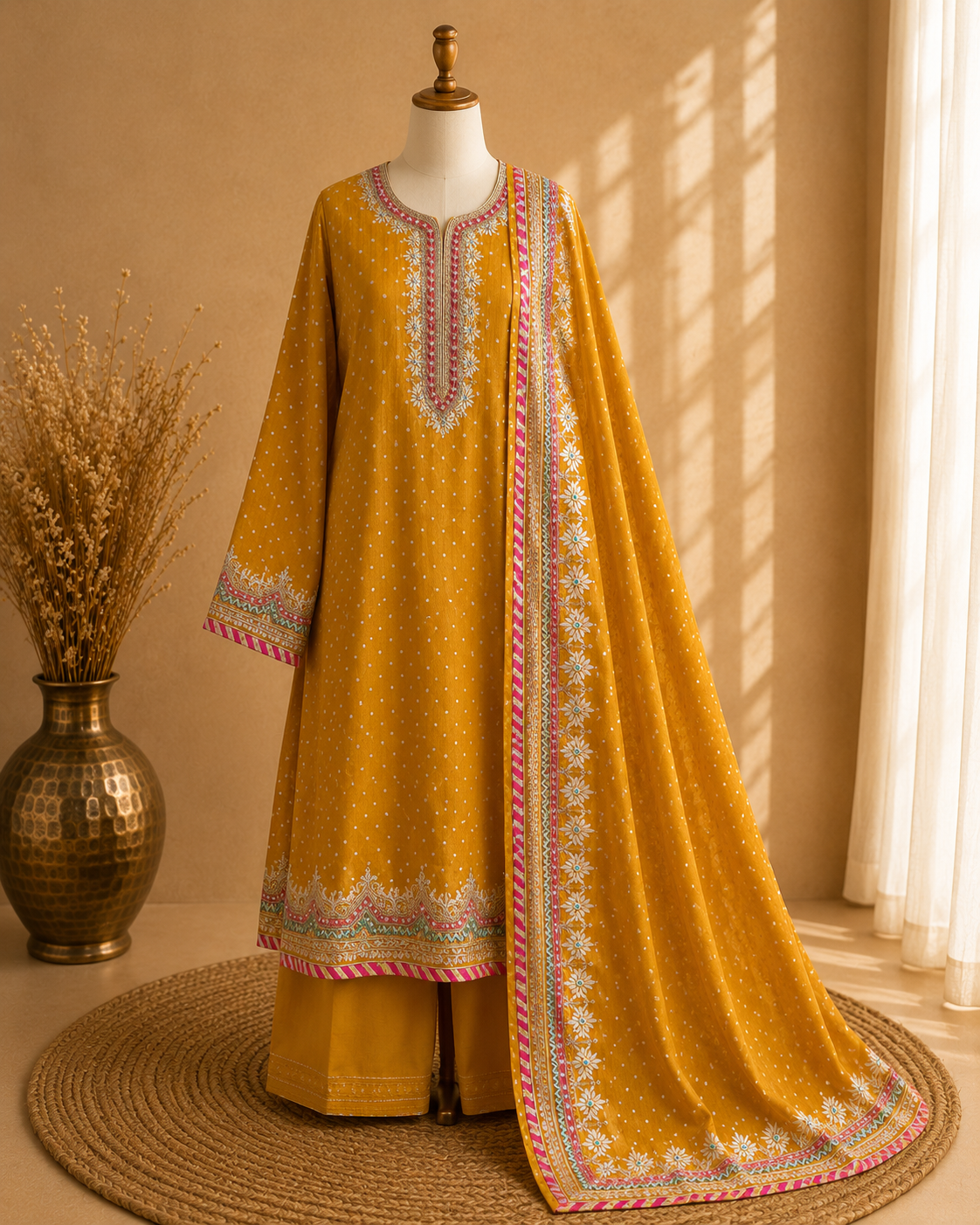 Mustard Banarasi Tissue Georgette Heavy Embroidered Unstitched Suit Fabric Set With Heavy Banarasi Tissue Georgette Dupatta