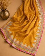 Mustard Banarasi Tissue Georgette Heavy Embroidered Unstitched Suit Fabric Set With Heavy Banarasi Tissue Georgette Dupatta