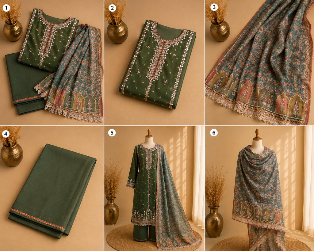 Olive Green Banarasi Tissue Georgette Heavy Embroidered Unstitched Suit Fabric Set With Designer Printed Dupatta & Bottom