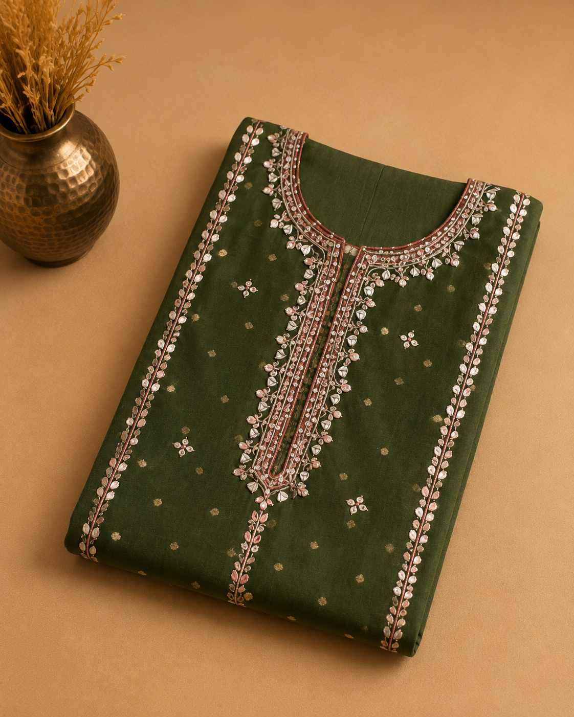 Olive Green Banarasi Tissue Georgette Heavy Embroidered Unstitched Suit Fabric Set With Designer Printed Dupatta & Bottom