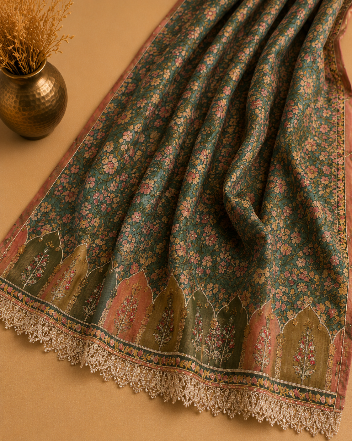 Olive Green Banarasi Tissue Georgette Heavy Embroidered Unstitched Suit Fabric Set With Designer Printed Dupatta & Bottom