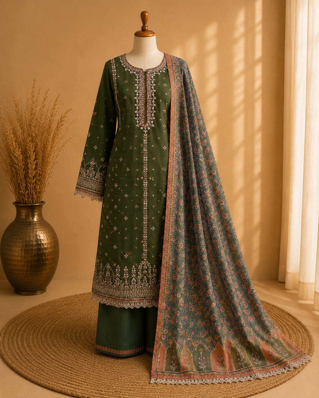 Olive Green Banarasi Tissue Georgette Heavy Embroidered Unstitched Suit Fabric Set With Designer Printed Dupatta & Bottom