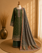 Olive Green Banarasi Tissue Georgette Heavy Embroidered Unstitched Suit Fabric Set With Designer Printed Dupatta & Bottom