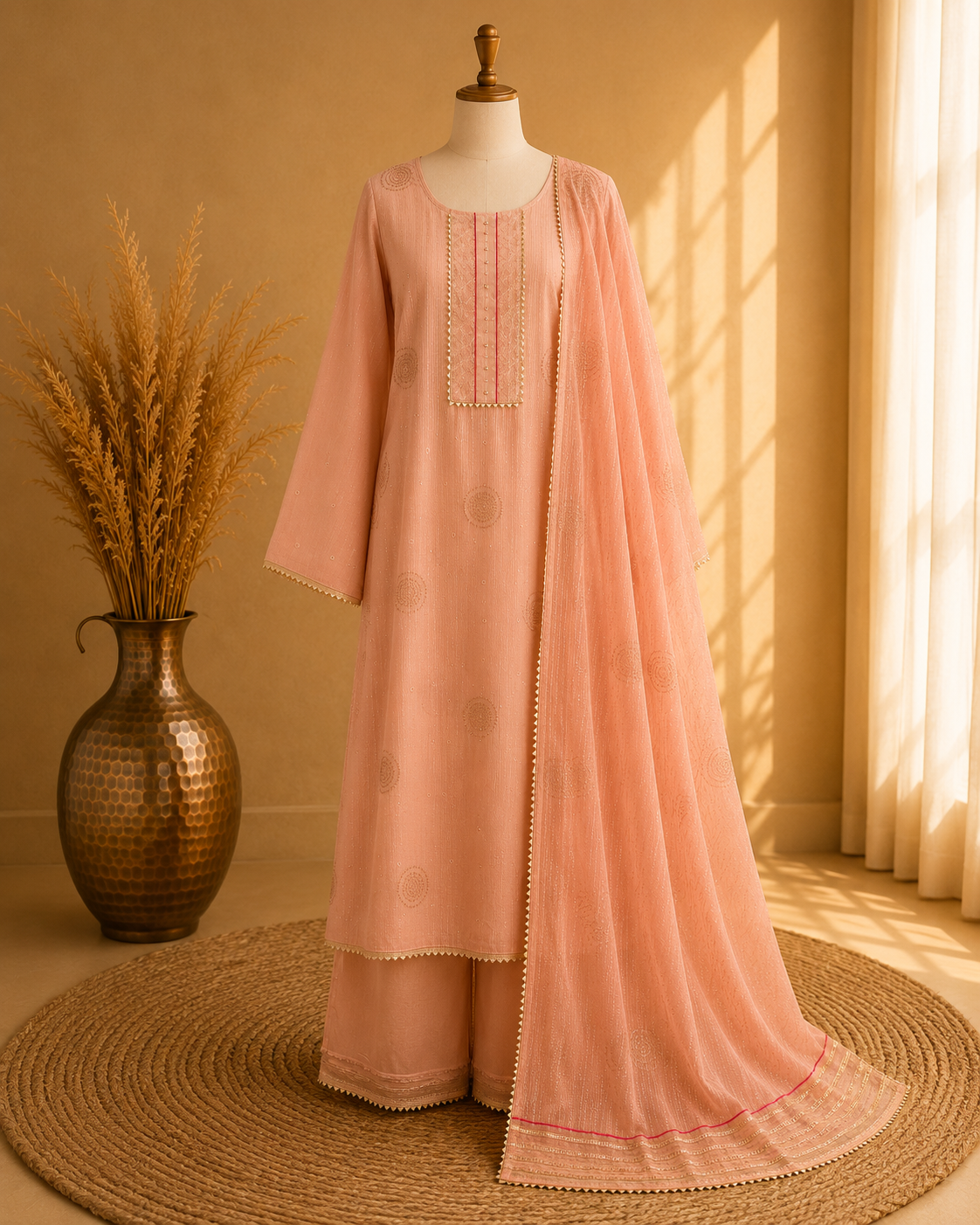 Peach Heavy Sequence Embroidered Unstitched Chiffon Suit Fabric Set With Heavy Chiffon Dupatta & Bottom