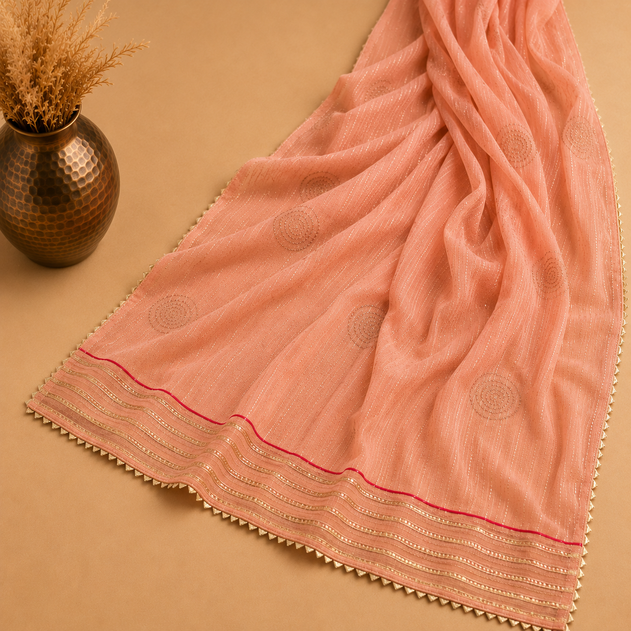 Peach Heavy Sequence Embroidered Unstitched Chiffon Suit Fabric Set With Heavy Chiffon Dupatta & Bottom