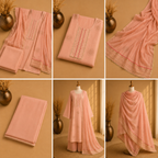 Peach Heavy Sequence Embroidered Unstitched Chiffon Suit Fabric Set With Heavy Chiffon Dupatta & Bottom