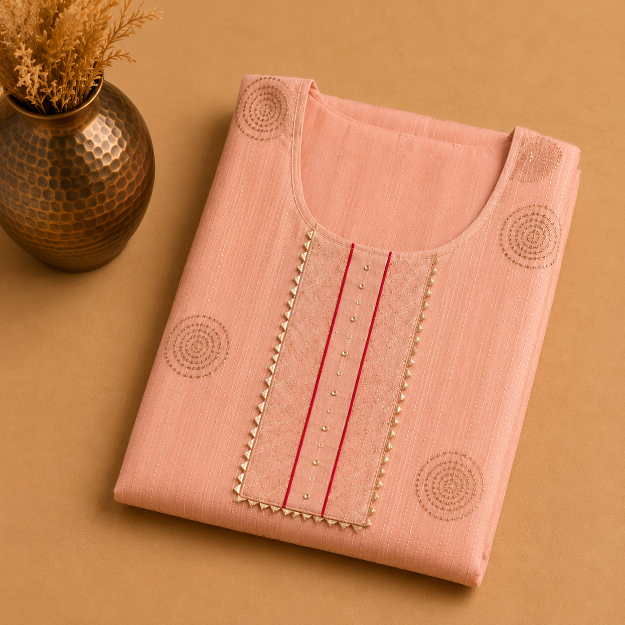Peach Heavy Sequence Embroidered Unstitched Chiffon Suit Fabric Set With Heavy Chiffon Dupatta & Bottom