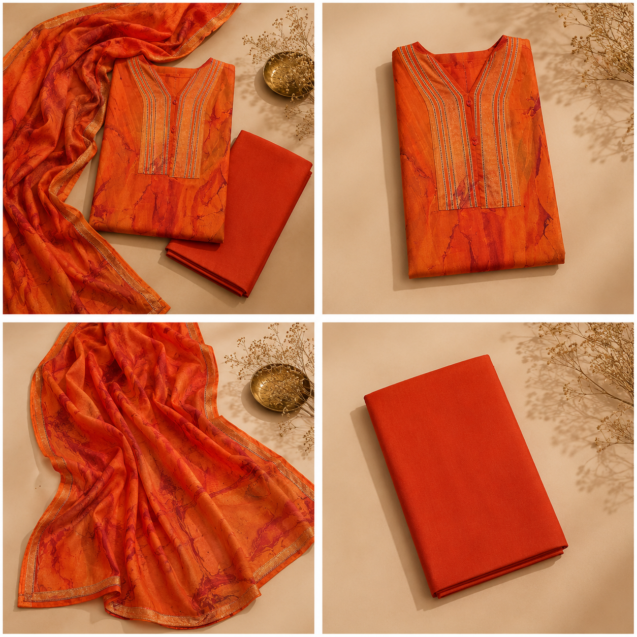 Orange Chanderi Printed Unstitched Suit Fabric Set With Printed Chanderi Dupatta & Cotton Bottom