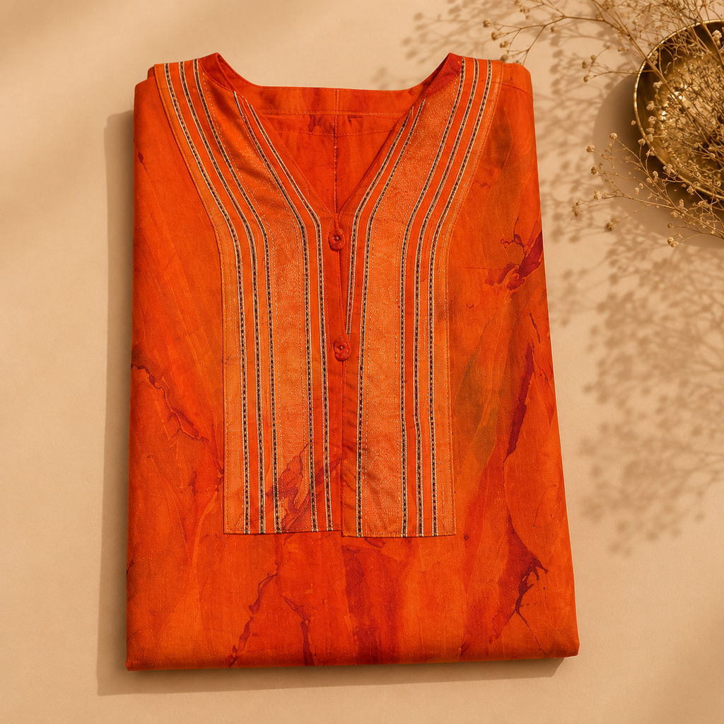 Orange Chanderi Printed Unstitched Suit Fabric Set With Printed Chanderi Dupatta & Cotton Bottom