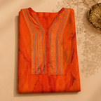 Orange Chanderi Printed Unstitched Suit Fabric Set With Printed Chanderi Dupatta & Cotton Bottom
