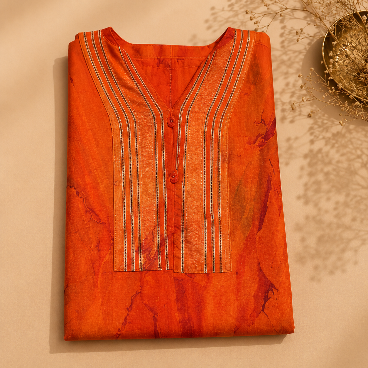 Orange Chanderi Printed Unstitched Suit Fabric Set With Printed Chanderi Dupatta & Cotton Bottom