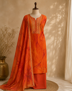 Orange Chanderi Printed Unstitched Suit Fabric Set With Printed Chanderi Dupatta & Cotton Bottom