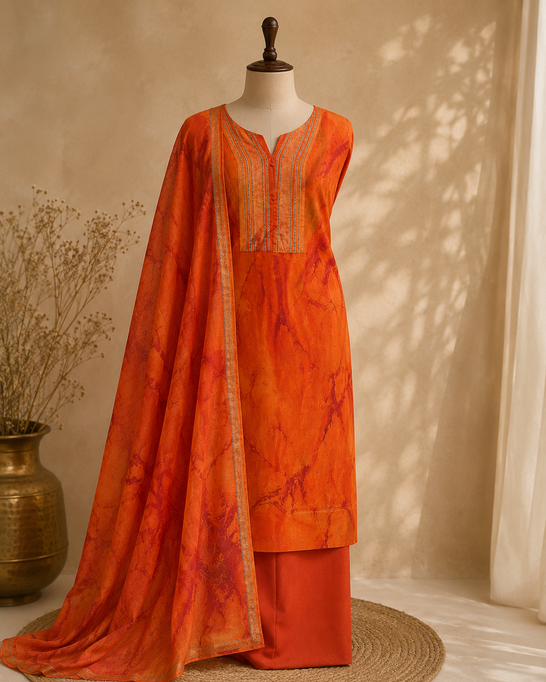Orange Chanderi Printed Unstitched Suit Fabric Set With Printed Chanderi Dupatta & Cotton Bottom